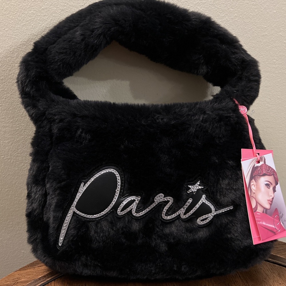 Paris Hilton NWT Faux Fur Forever Fur Bag Black Rhinestone Lined Zippered Close